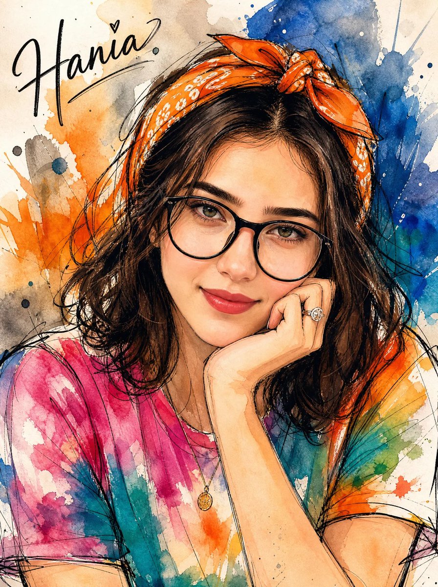 创作一幅生动随性的钢笔与水彩结合的时装插画，风格与参考图一致，使用富有表现力的墨线笔触和色彩斑斓的抽象水彩晕染。一位年轻女子头上系着一条橙色头…, 图片 1