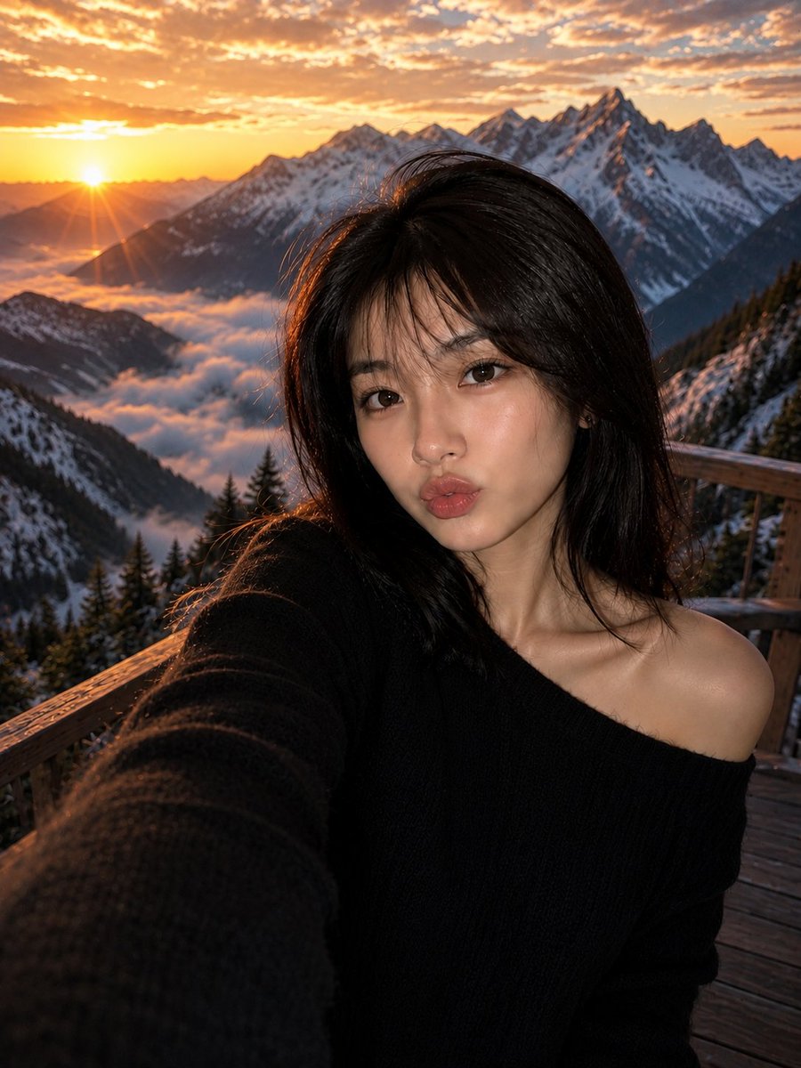 超写实电影感自拍肖像：一位令人惊艳的年轻东亚女性，在黄金时段的日出时分，站在一处豪华的木质山顶观景台上。她有一头丝般顺滑的乌黑齐肩短发，柔和轻…, 图片 1