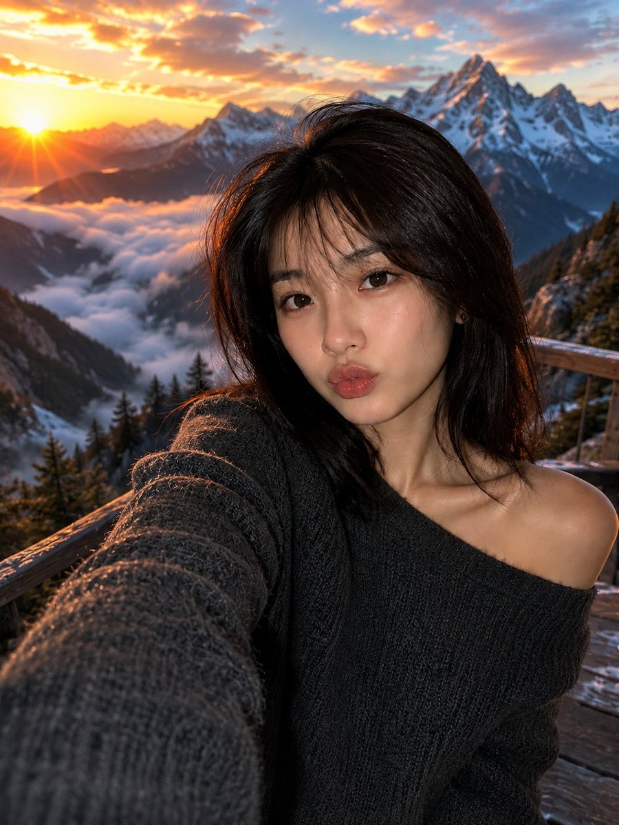 超写实电影感自拍肖像：一位令人惊艳的年轻东亚女性，在黄金时段的日出时分，站在一处豪华的木质山顶观景台上。她有一头丝般顺滑的乌黑齐肩短发，柔和轻…, 图片 2
