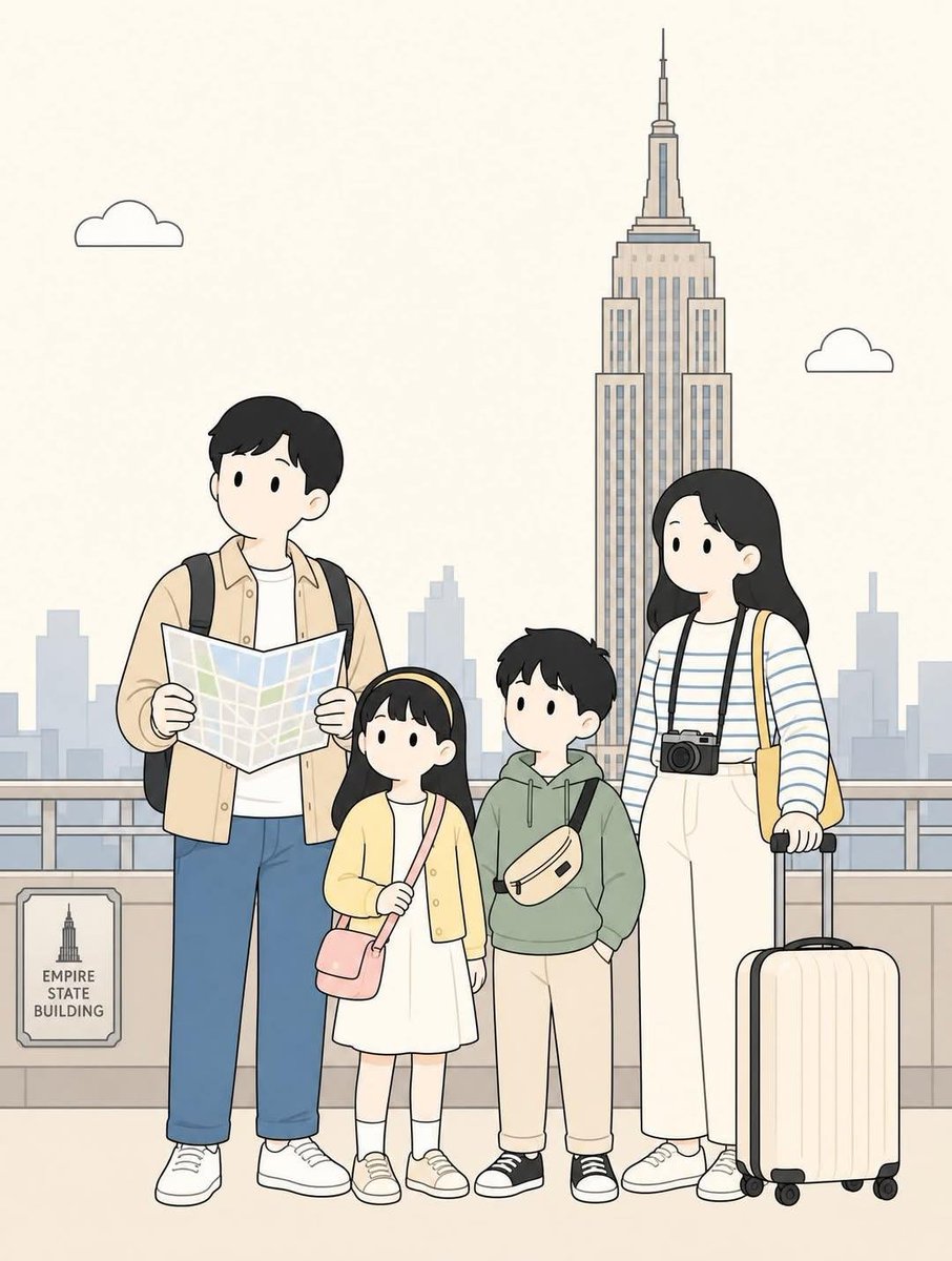 创建一幅竖版 3:4 比例的扁平二维矢量插画，描绘四口之家在{LOCATION}享受宁静的旅程。, 图片 2