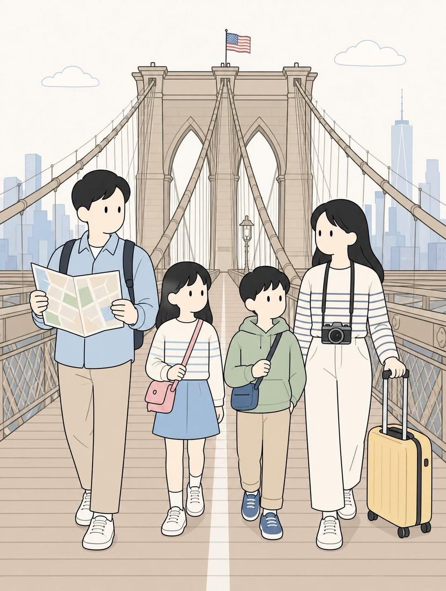 创建一幅竖版 3:4 比例的扁平二维矢量插画，描绘四口之家在{LOCATION}享受宁静的旅程。, 图片 3