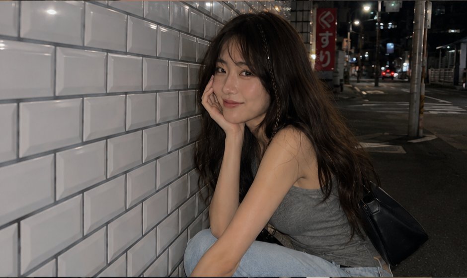 一张电影感十足的夜间街头抓拍人像,拍摄于日本街头,使用 iPhone 拍摄。一名年轻女子,长长的深棕色波浪卷发中编有一缕细辫,淡妆,嘴角带着若…, 图片 2