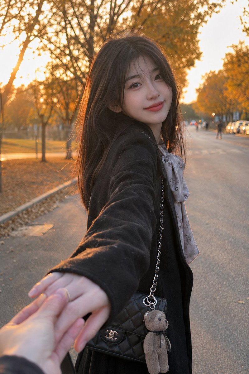 一张黄金时刻的街拍人像，写实风格，画面中是一位美丽的年轻女性，留着长直深棕色头发，身穿一件时尚的黑色羊毛大衣，脖子上围着一条柔软的灰色花卉蝴蝶…, 图片 1