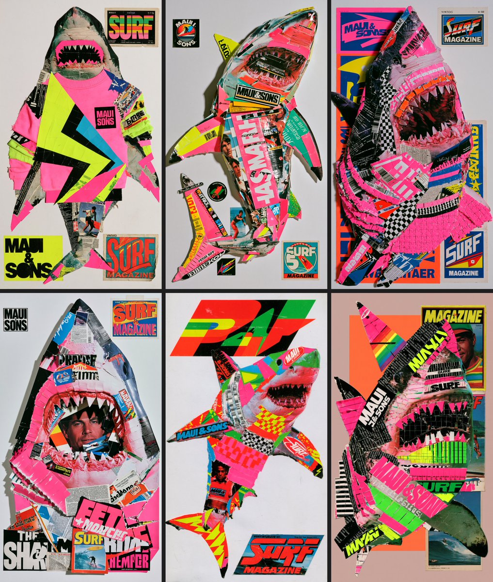 collage, 2d shark constructed with magazine cut out components, Maui & Sons, {n…