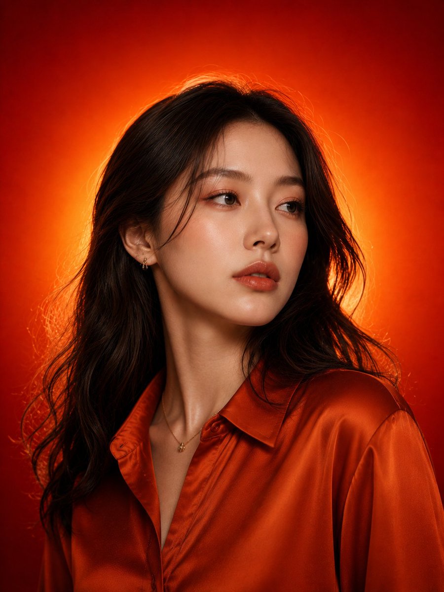 超现实、电影感的影棚美妆肖像照，镜头中是一位惊艳的年轻东亚女性，拥有完美无瑕的瓷白肌肤、柔和的杏仁形深棕色眼睛、自然立体的眉毛、光泽裸色唇妆，…, 图片 2