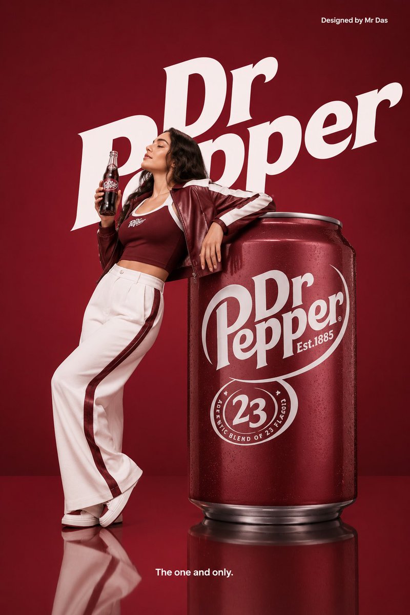极简风格的商业广告，主打一只超大号的胡椒博士（Dr Pepper）易拉罐，设计极为干净利落。一位年轻女子身着时尚的栗色与白色相间的服装，以放松…, 图片 1