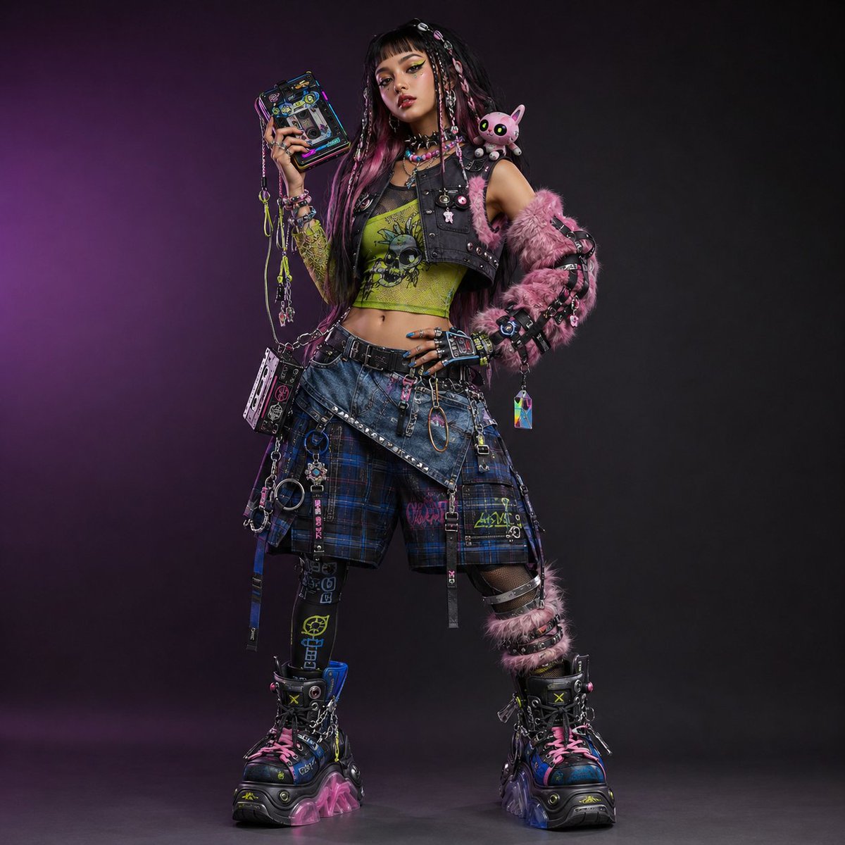 创作一个完全原创的全身角色设计,名为 Mika Static(Mika 静电),她是一位成年女性地下街头时尚偶像,融合了俏皮的 Y2K 可爱时…, 图片 1