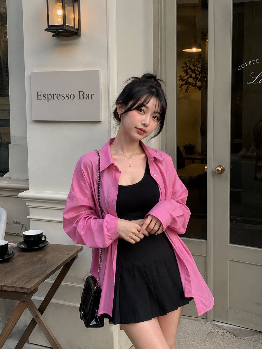 一位时尚年轻女子站在一家迷人的极简主义浓缩咖啡馆外,身穿一件超大亮粉色纽扣衬衫,内搭黑色短款上衣,下身着黑色百褶迷你裙。她的深色头发扎成柔和随…, 图片 2