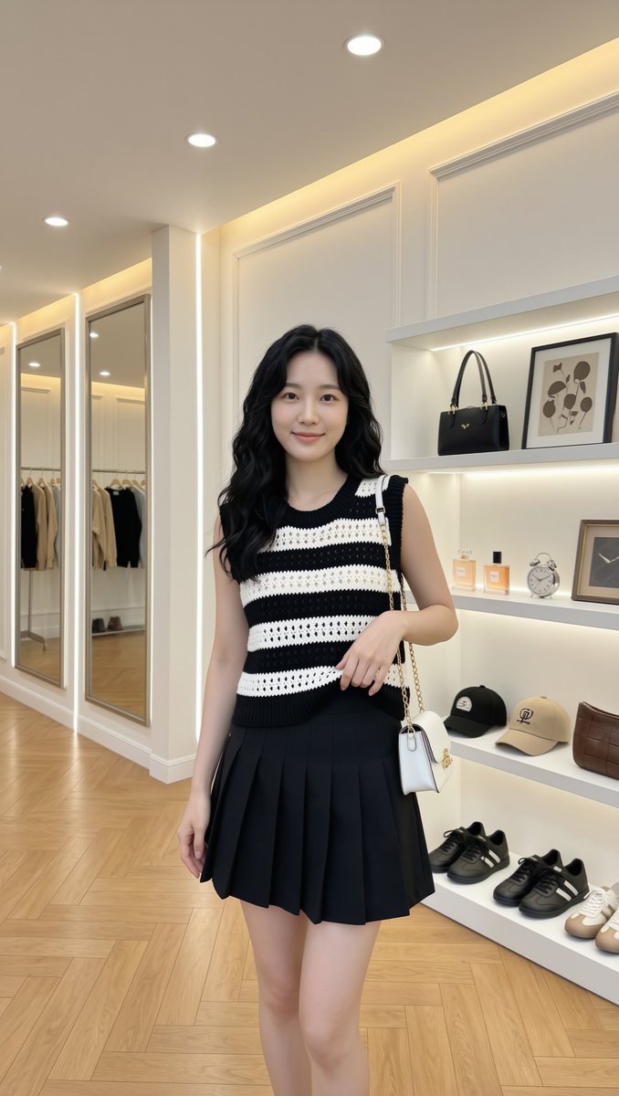 一张照片般逼真的全身人像摄影:一位美丽的年轻东亚女性,二十岁出头,长而波浪状的黑色长发披散在肩头,瓷白无瑕的肌肤,精致柔美的面部轮廓,淡雅自然…, 图片 2