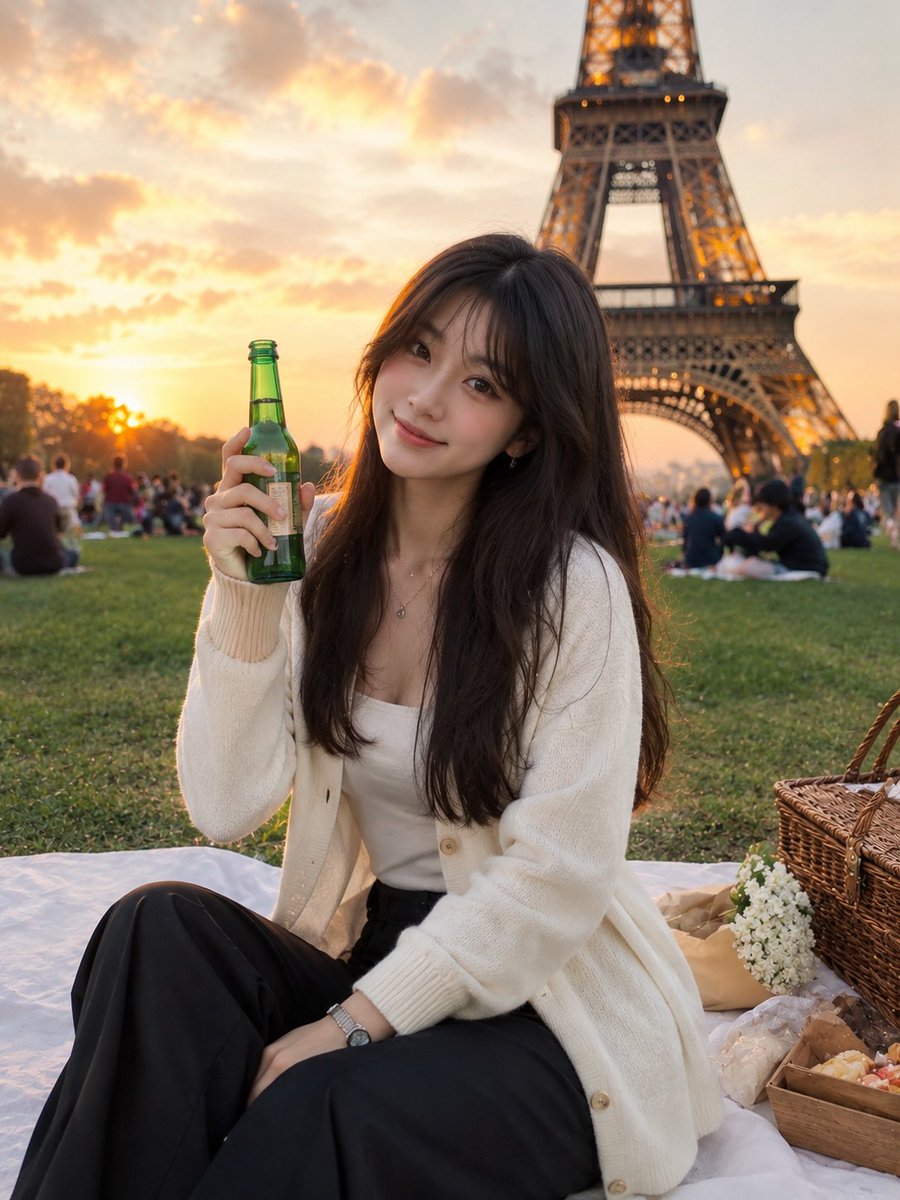 一位美丽的年轻女子坐在金色时刻的白色野餐毯上,背靠埃菲尔铁塔,温暖地微笑着,手中拿着一只绿色的玻璃瓶。她穿着一件舒适的白色羊毛开衫,内搭白色上…, 图片 2
