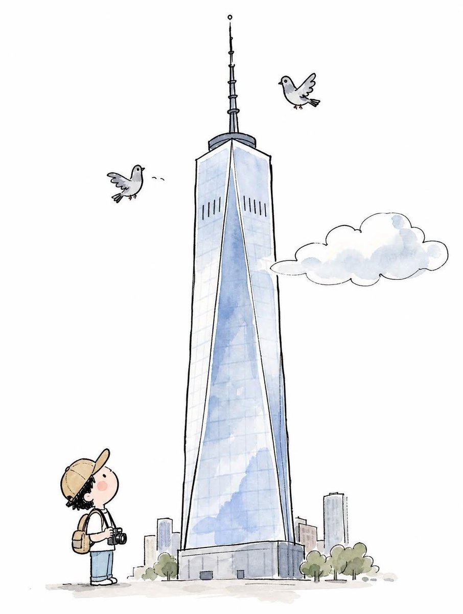 一幅极简手绘涂鸦插画，画面中央是[ICONIC LANDMARK]（标志性建筑）高耸且略微倾斜地矗立着，顶部环绕着一小只涂鸦风格的[LOCAL…, 图片 1