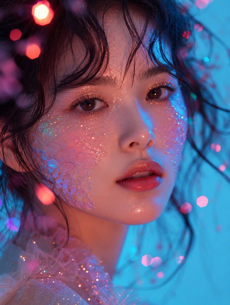 超写实电影感美妆人像，年轻东亚女性，极致特写头像，面部完美对称，瓷器般光泽肌肤呈现自然次表面散射，温暖棕色大眼睛带有细腻反光，柔和光泽的珊瑚粉…, 图片 1