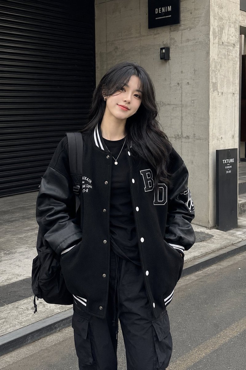 一张潮流街头服饰时尚人像照:一位时尚年轻女性自信地站在一座现代工业建筑前,建筑拥有混凝土墙面和一扇黑色金属卷帘门。她身穿一件超大版型的黑色棒球…, 图片 2
