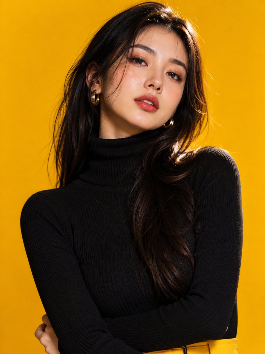 一位魅力四射、倾国倾城的年轻日本女性,在奢华时装工作室中自信地摆出姿势,背景为无缝的鲜艳金黄色。她拥有无瑕的瓷白肌肤,丝般顺滑的乌黑长发带着柔…, 图片 2