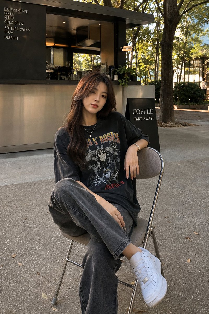 一位时尚的年轻女子随意地坐在一个现代折叠椅上,背景是一个极简风格的户外咖啡小亭。她身穿一件超大版型的复古水洗黑色乐队图案T恤,搭配宽松的灰色直…, 图片 1