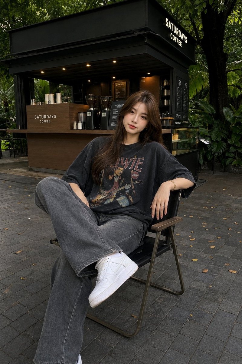 一位时尚的年轻女子随意地坐在一个现代折叠椅上,背景是一个极简风格的户外咖啡小亭。她身穿一件超大版型的复古水洗黑色乐队图案T恤,搭配宽松的灰色直…, 图片 2