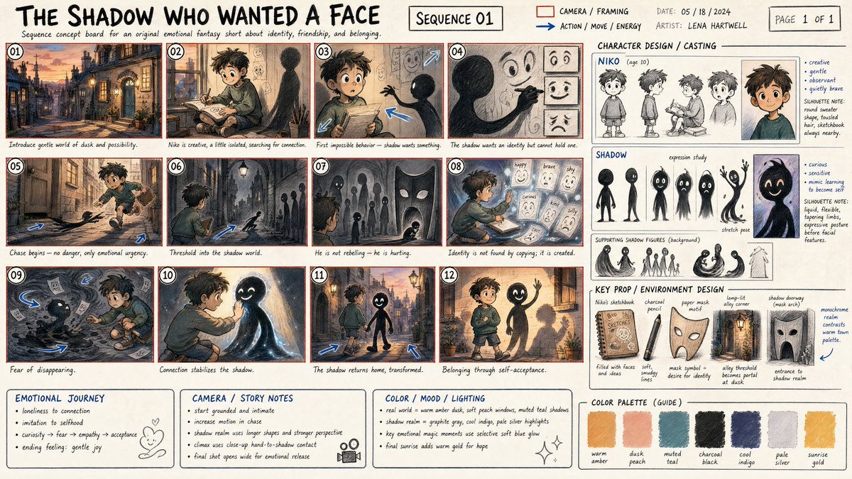 Create a single high-detail professional animation storyboard sheet in a clean …