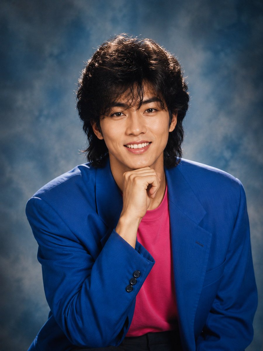 一张怀旧风格的1980–1990年代灵感工作室肖像照，主体为一位年轻的东亚男性，留着浓密蓬松的复古波浪黑色mullet（高层次）发型，肤色白皙…, 图片 1