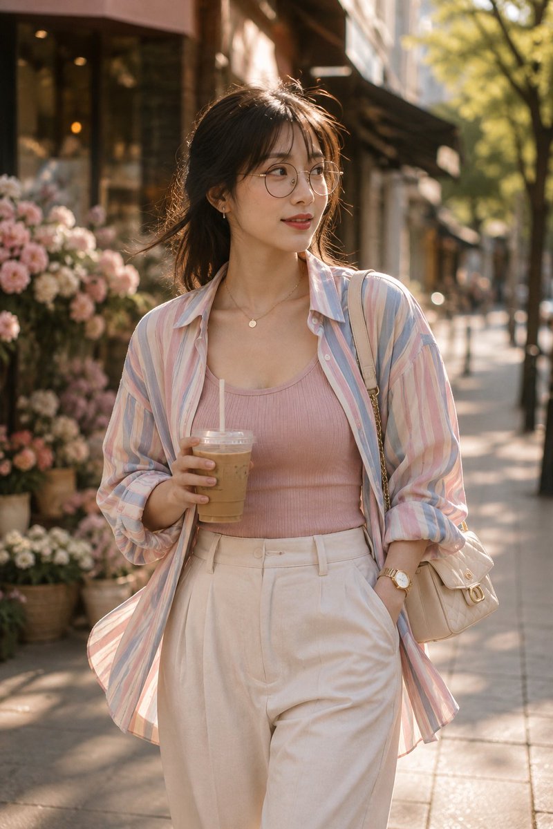 电影感的街拍人像:一位年轻女性走在阳光明媚的城市人行道上,戴着圆形细框眼镜,身穿粉彩色粉红、蓝色与奶油色竖条纹宽松纽扣衬衫(敞开穿着),内搭罗…, 图片 1