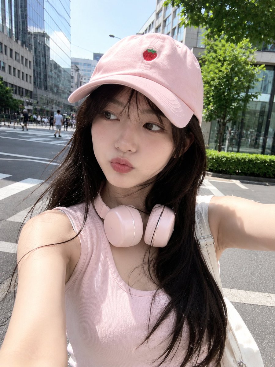 超写实智能手机自拍照:一位可爱的年轻日本女性在阳光明媚的日子里走过现代都市。她拥有白皙的瓷肌,乌黑的长棕色头发在风中飘扬,正俏皮地眨眼并嘟嘴。…, 图片 1