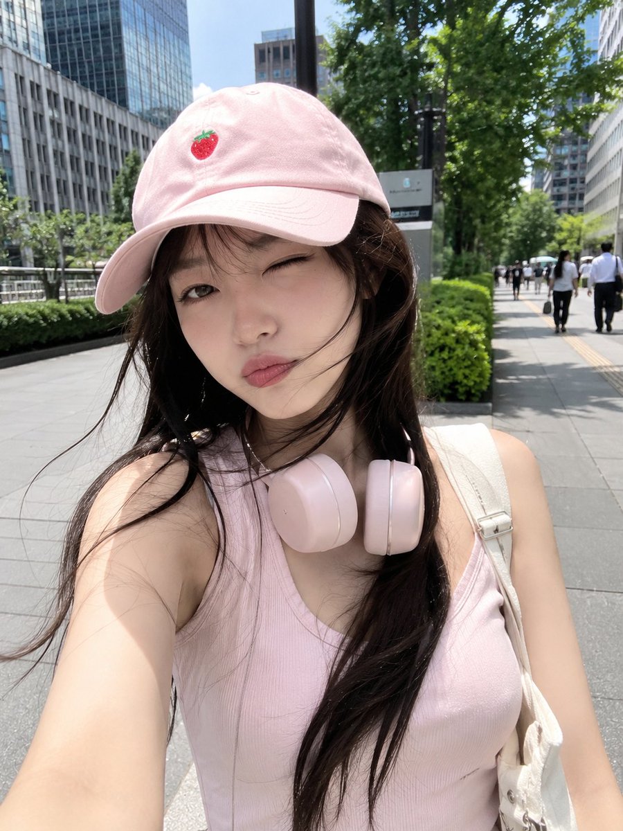 超写实智能手机自拍照:一位可爱的年轻日本女性在阳光明媚的日子里走过现代都市。她拥有白皙的瓷肌,乌黑的长棕色头发在风中飘扬,正俏皮地眨眼并嘟嘴。…, 图片 2