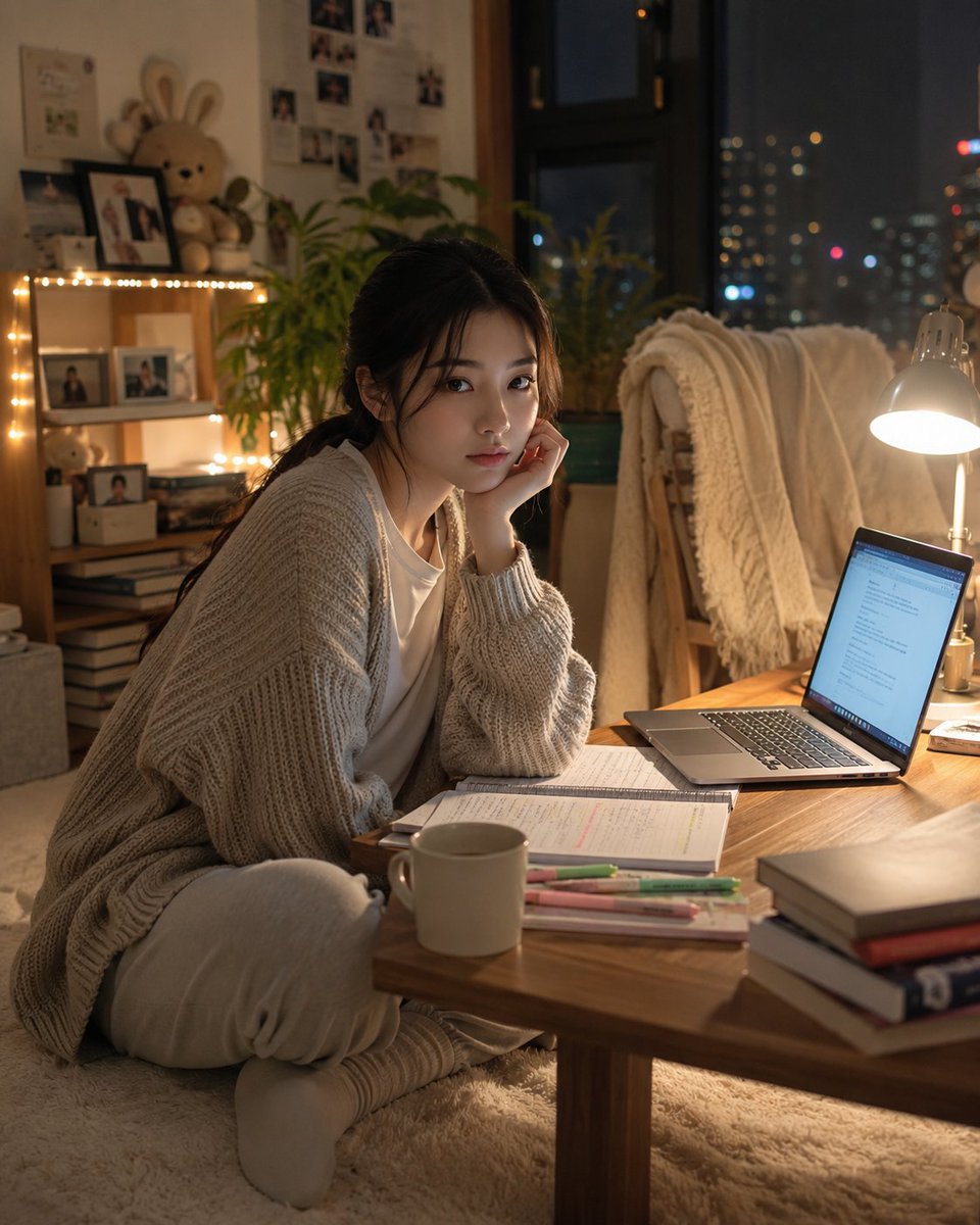 超写实风格的韩式温馨书房人像:一位美丽的韩国女性夜晚盘腿坐在低矮书桌旁的柔软地毯上,身体微微前倾,下巴轻轻搭在一只手上,以平静专注的神情望向镜…, 图片 1