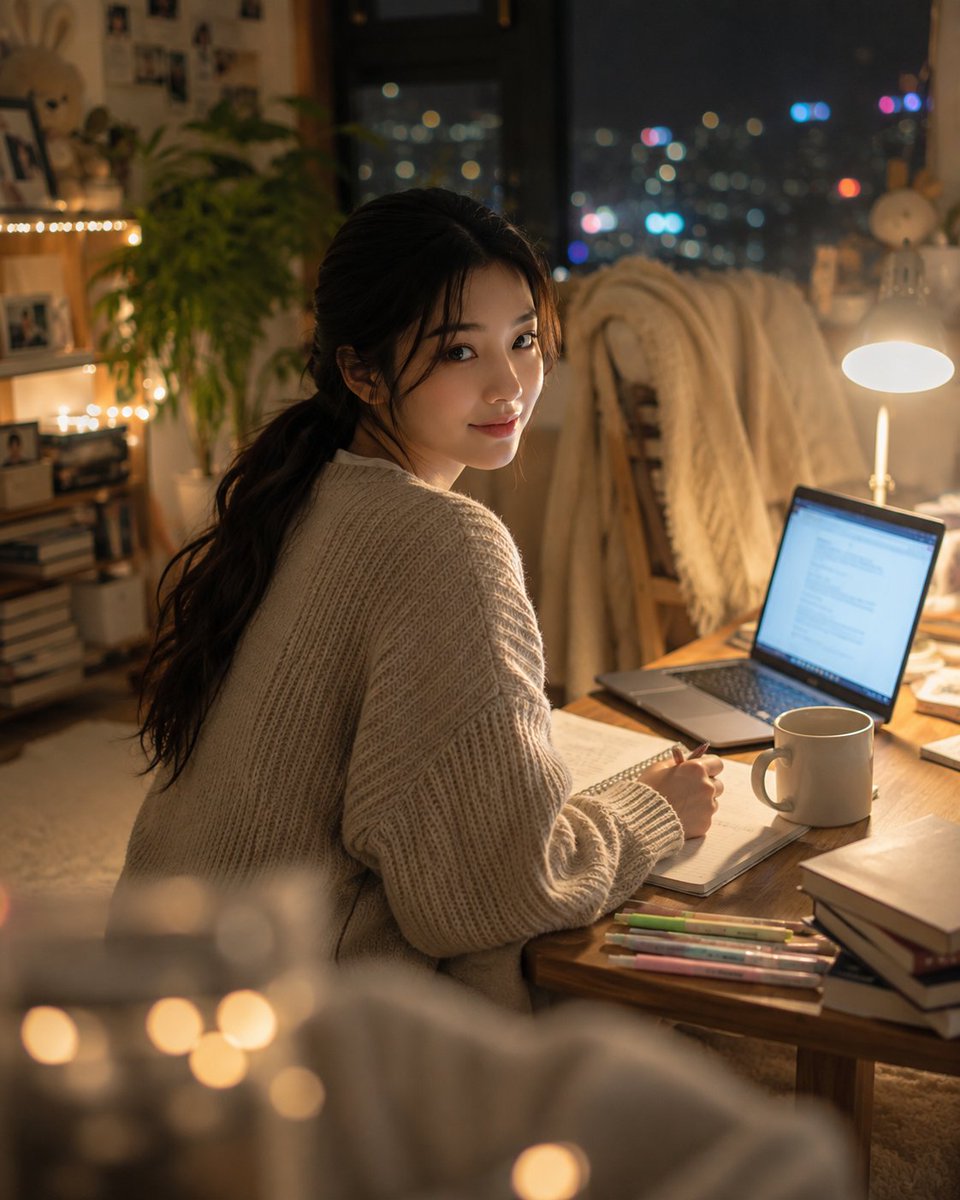 超写实风格的韩式温馨书房人像:一位美丽的韩国女性夜晚盘腿坐在低矮书桌旁的柔软地毯上,身体微微前倾,下巴轻轻搭在一只手上,以平静专注的神情望向镜…, 图片 2