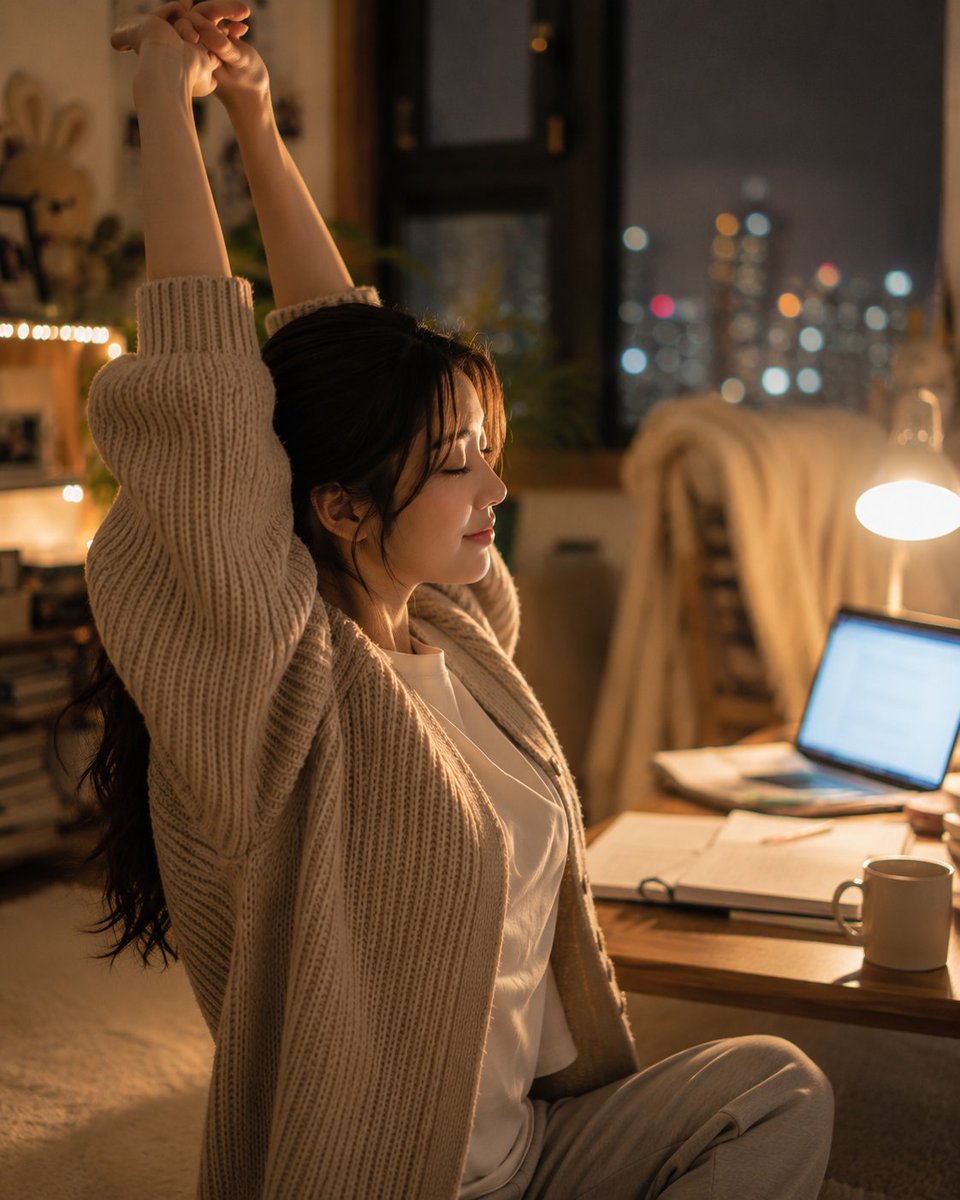超写实风格的韩式温馨书房人像:一位美丽的韩国女性夜晚盘腿坐在低矮书桌旁的柔软地毯上,身体微微前倾,下巴轻轻搭在一只手上,以平静专注的神情望向镜…, 图片 3