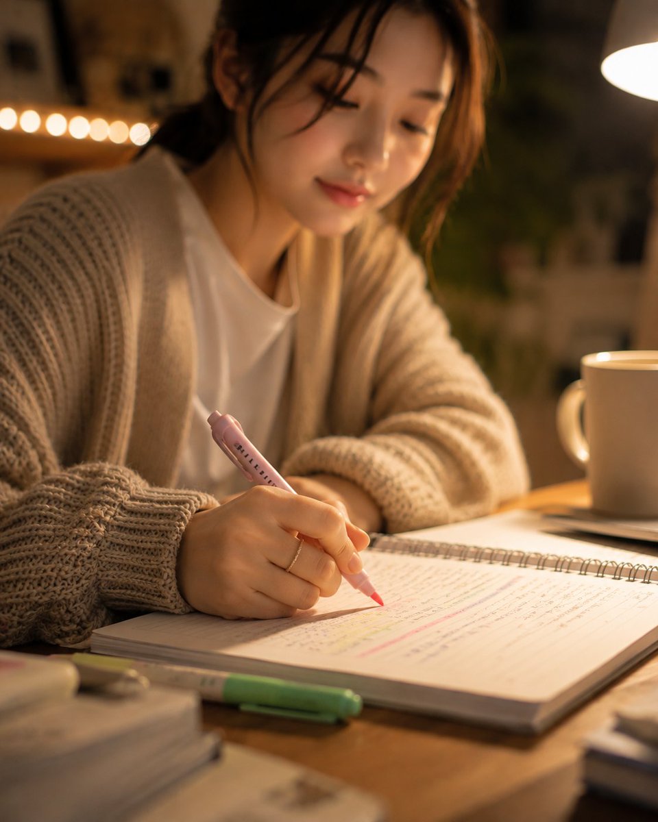 超写实风格的韩式温馨书房人像:一位美丽的韩国女性夜晚盘腿坐在低矮书桌旁的柔软地毯上,身体微微前倾,下巴轻轻搭在一只手上,以平静专注的神情望向镜…, 图片 4