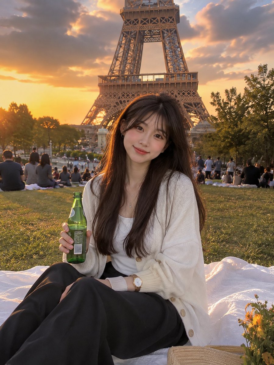 一位美丽的年轻女子在黄金时刻的埃菲尔铁塔下,坐在一张白色野餐毯上,温暖地微笑着,手持一只绿色玻璃瓶。她身着一件舒适的白色开衫,内搭白色上衣,下…, 图片 1