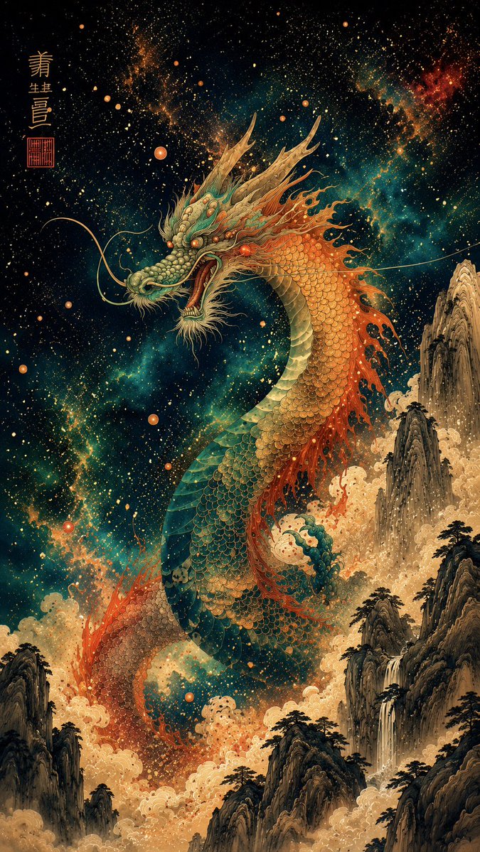 水墨波点技法，江南古镇中游行的龙，色彩绚丽，吴冠中风格，帕列赫风格 https://t.co/sKUGNmfWxe, 图片 1