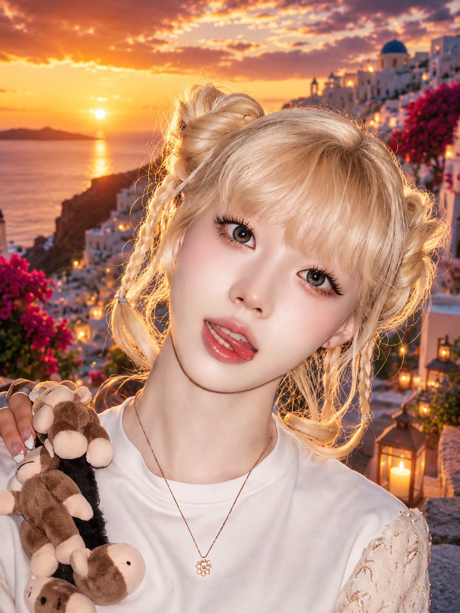 一张惊艳的超近距离美妆人像特写：一位年轻的东亚女性，柔顺的铂金色头发梳成两个俏皮的丸子头，额前点缀着几缕精致的编发，柔和地修饰脸型。她拥有无瑕…, 图片 1