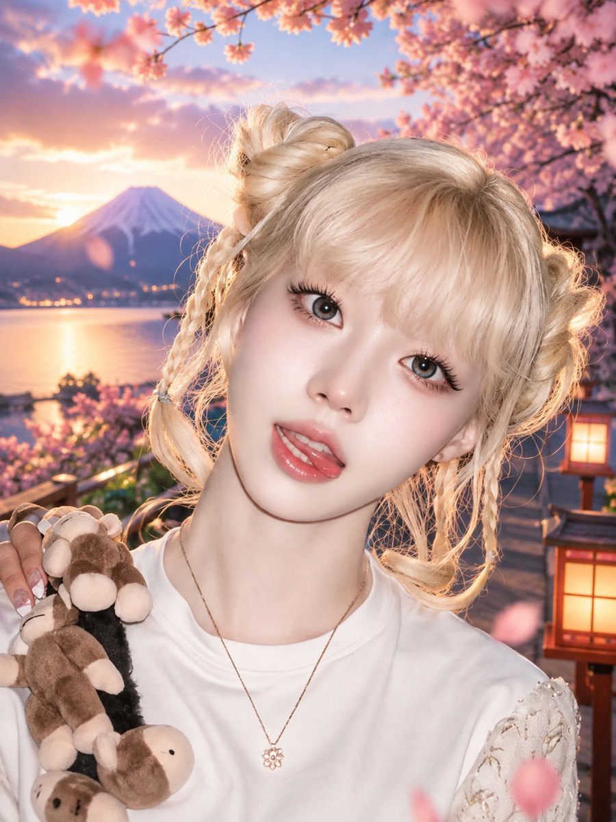 一张惊艳的超近距离美妆人像特写：一位年轻的东亚女性，柔顺的铂金色头发梳成两个俏皮的丸子头，额前点缀着几缕精致的编发，柔和地修饰脸型。她拥有无瑕…, 图片 2