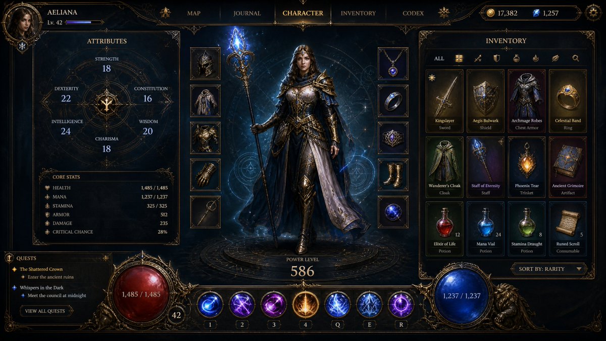 AAA fantasy RPG game interface design, elegant magical HUD inspired by ancient …