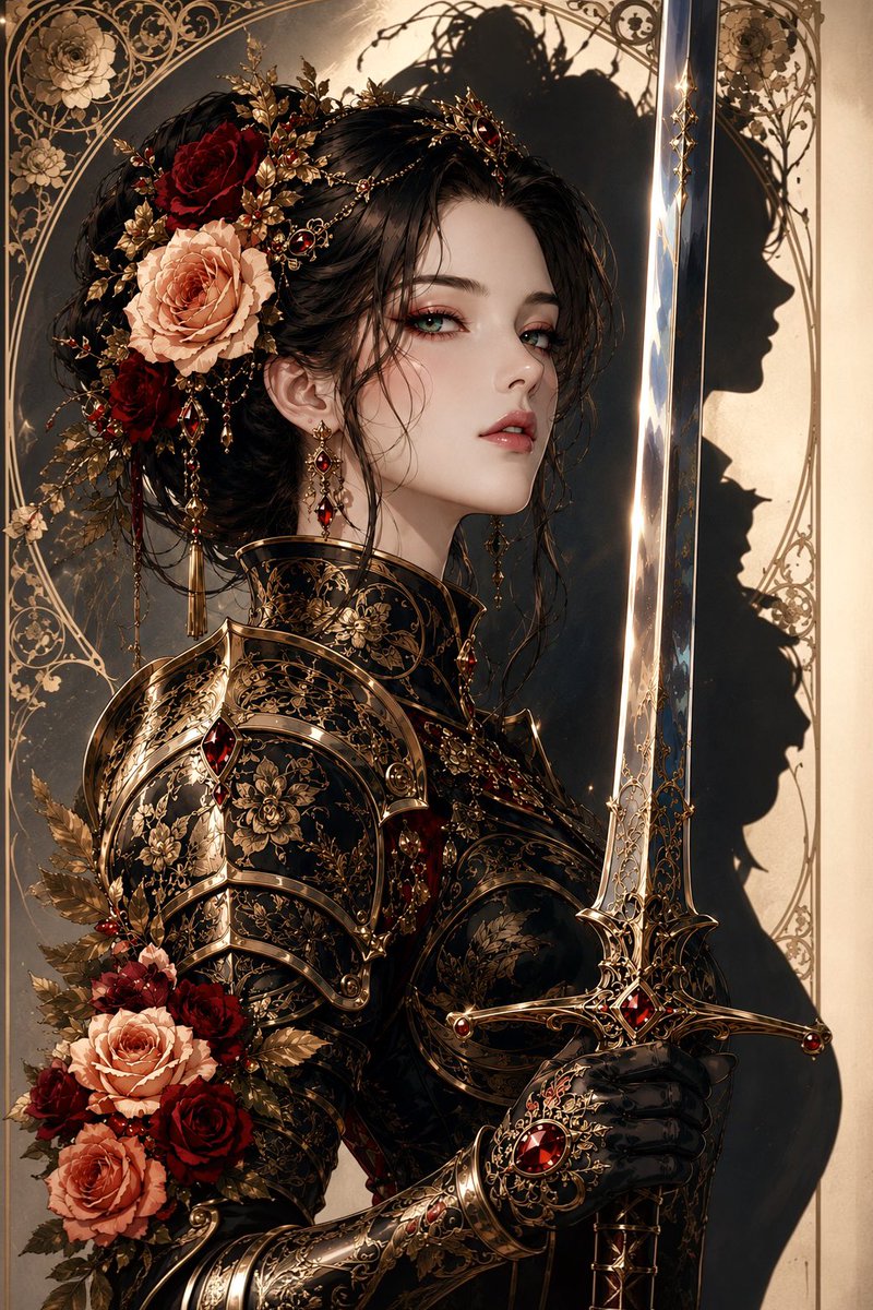 一幅引人注目的竖版奇幻动漫肖像画,描绘一位优雅的女战士身穿镶嵌有黑、棕褐与金色的精致雕花铠甲,呈四分之三侧面视角。她将一把修长而光亮的剑竖直握…, 图片 1