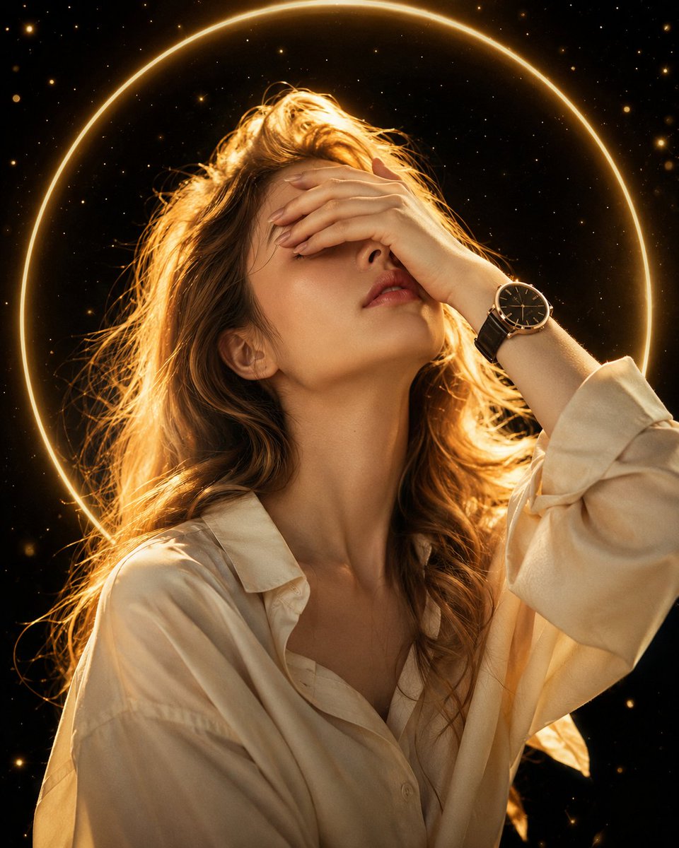 一幅梦幻电影感的肖像照，画面中是一位美丽的年轻女性，留着长而波浪状的金色长发，身穿米白米色超大号衬衫，佩戴黑色皮表带奢华腕表。她微微仰起头，一…, 图片 1