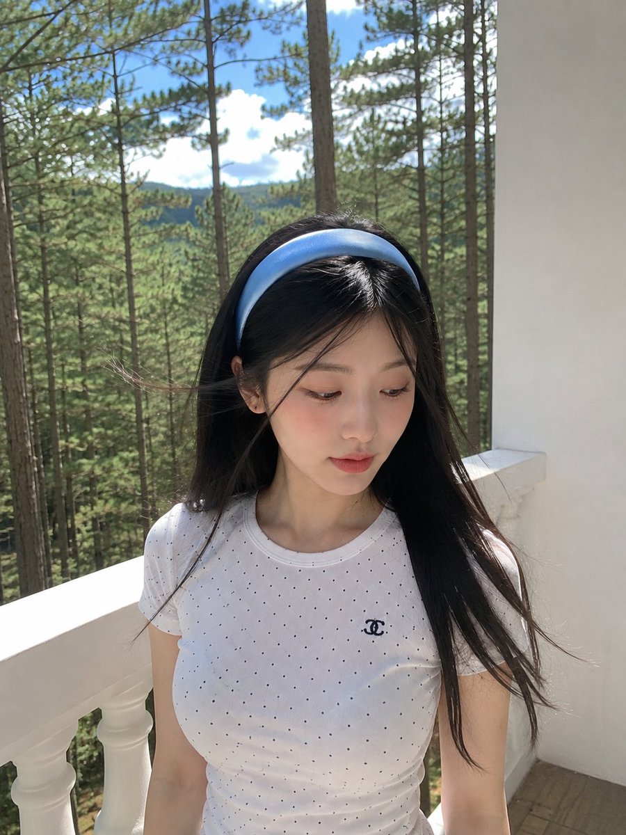 超写实的智能手机照片：一位美丽的年轻日本女性站在被宁静松林环绕的白色阳台上。她拥有白皙的瓷器肌肤、柔和的玫瑰色脸颊、深棕色的大眼睛、精致细腻的…, 图片 1