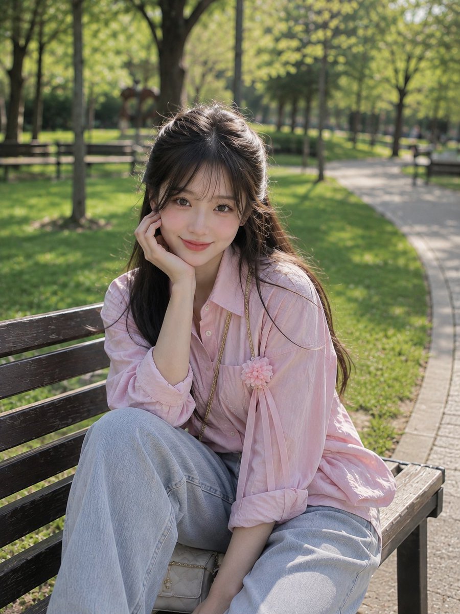 一位美丽的年轻东亚女性,坐在郁郁葱葱的公园里一张木质长椅上,正值明艳的春日午后,她身穿一件粉彩色超大号纽扣衬衫,搭配同色系宽松短裤,呈现出柔和…, 图片 1