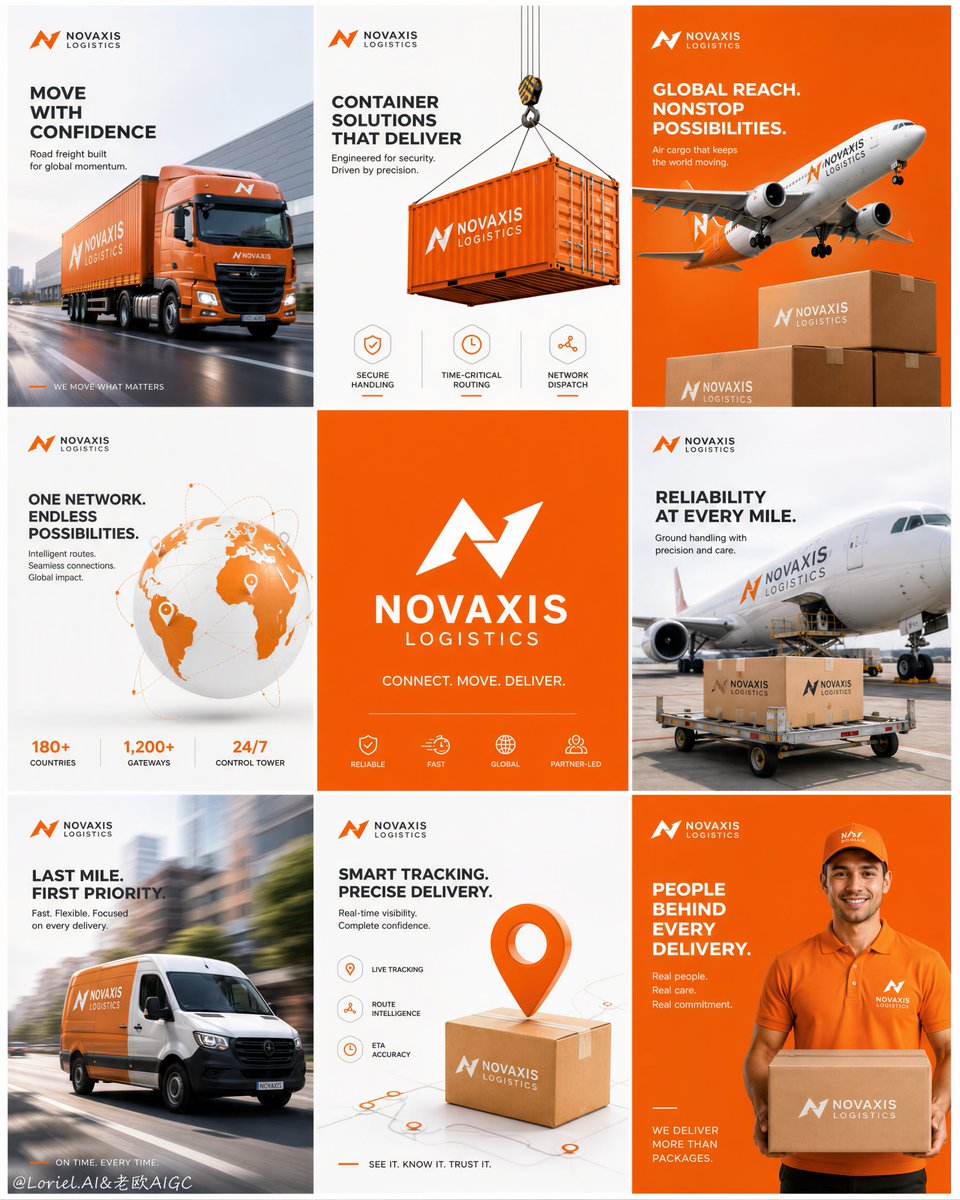 🚚 物流品牌做九宫格时，不要九张图都放卡车。让同一只包裹反复出现，才能把"速度、范围、信任、服务"变成一套完整的品牌记忆。, 图片 1