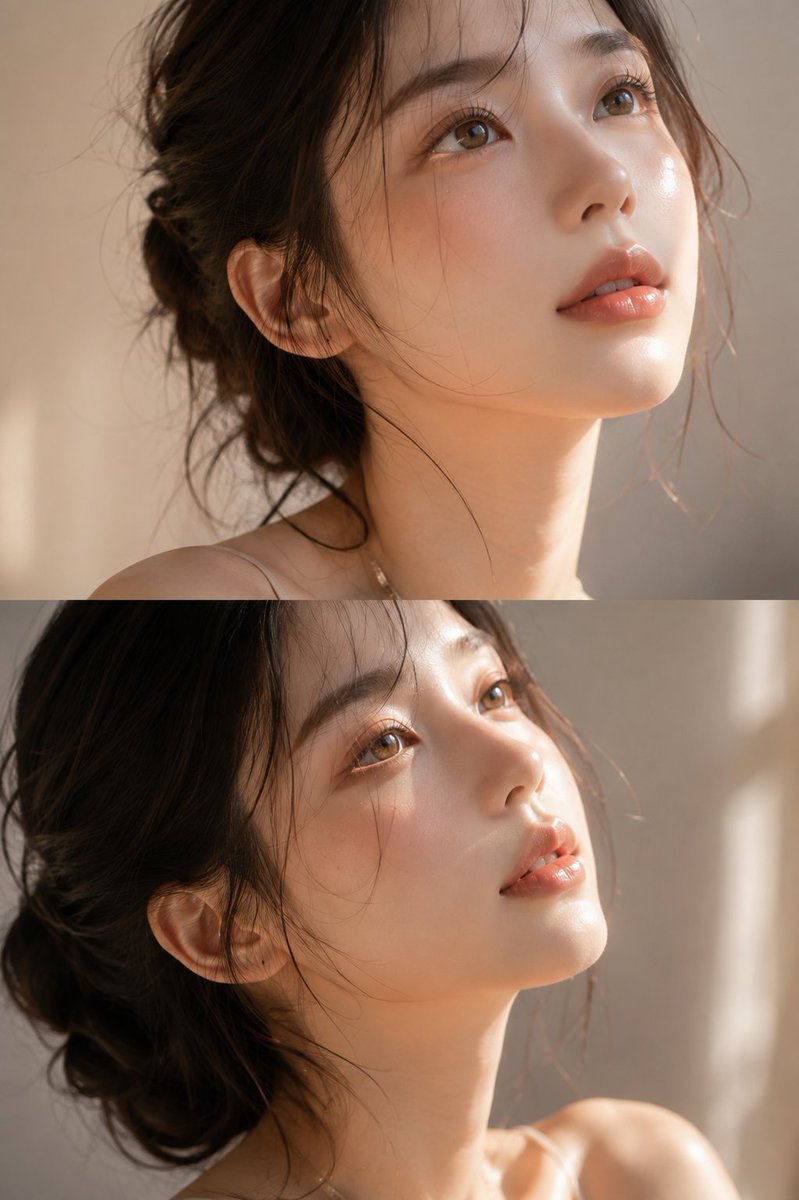 一张超写实的奢华美妆编辑特写肖像照，描绘一位年轻女性，拥有光泽瓷肌与晶莹剔透的玻璃肌质感，眼神柔和梦幻地向上凝视。细腻飘逸的深色发丝以优雅的发…, 图片 1