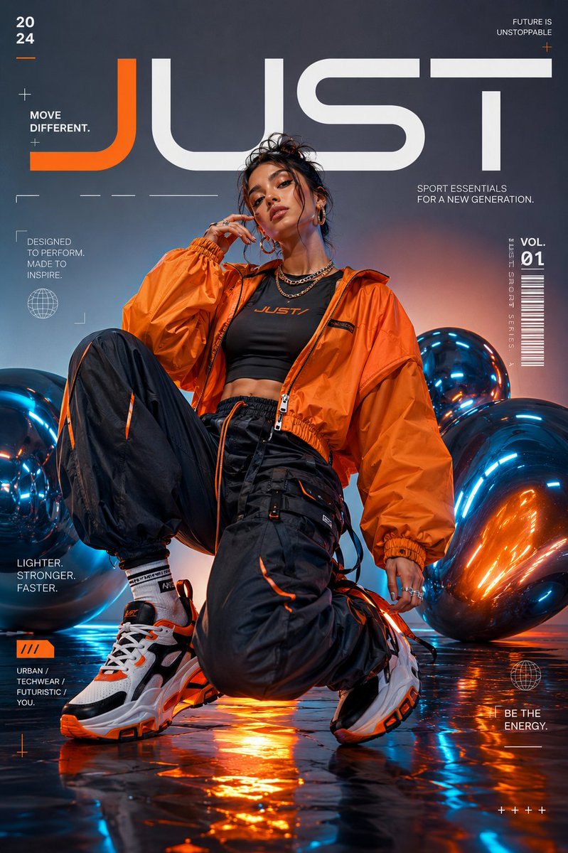 below 👇 创建一个真实感十足的高端时尚运动服饰杂志封面，主体为一位美丽的女性模特，呈现自信的全身姿势。她身穿一件时尚的白色短款夹克、带…, 图片 1