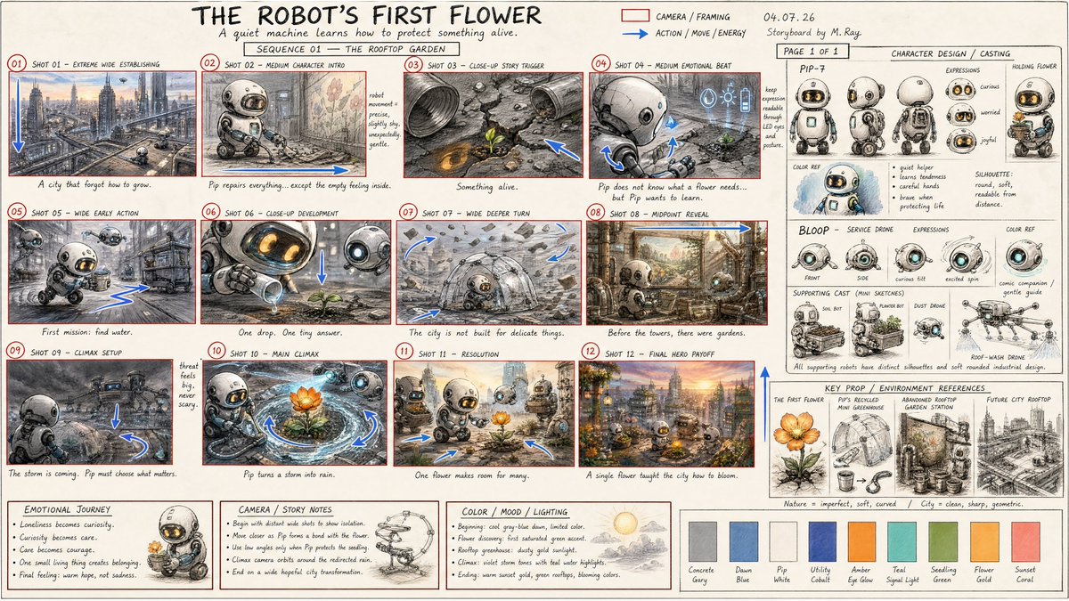 Create a single high-detail professional animation storyboard sheet in a clean …