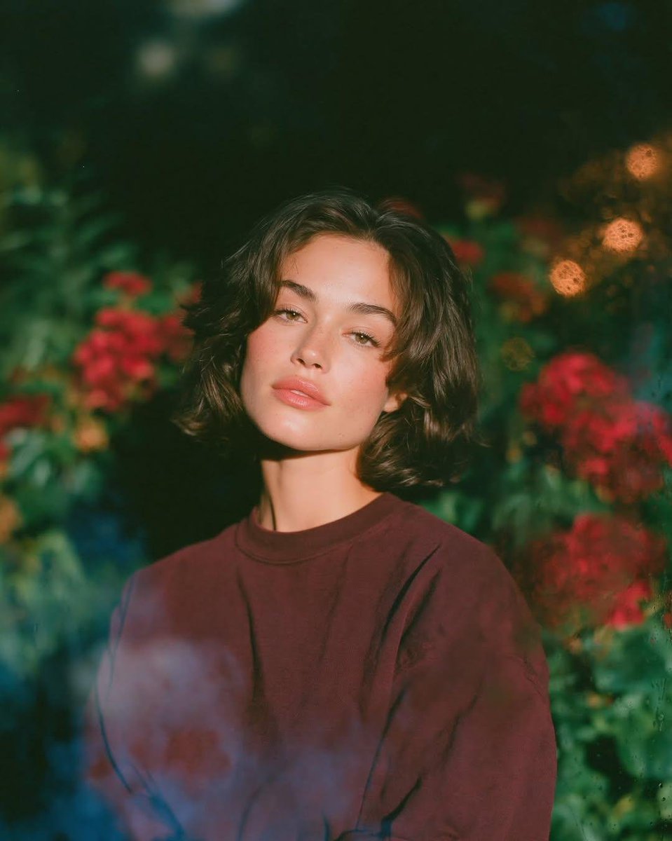 梦幻的电影感夜景人像:一位美丽的年轻女性,留着短款波浪深色头发,皮肤散发着自然光泽,身穿一件宽松的酒红色圆领卫衣,夜晚站在一座郁郁葱葱的花园中…, 图片 2