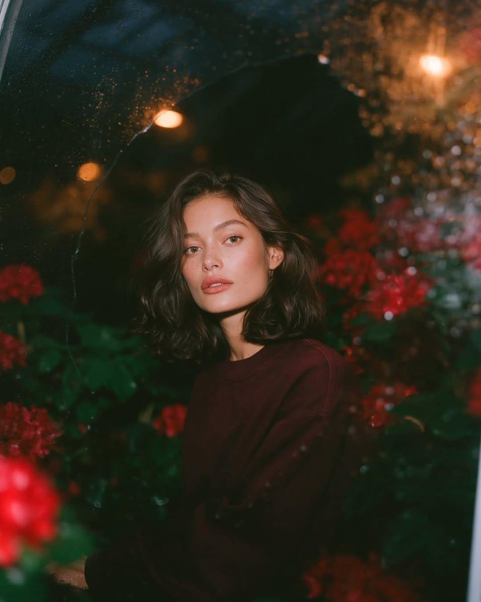 梦幻的电影感夜景人像:一位美丽的年轻女性,留着短款波浪深色头发,皮肤散发着自然光泽,身穿一件宽松的酒红色圆领卫衣,夜晚站在一座郁郁葱葱的花园中…, 图片 4