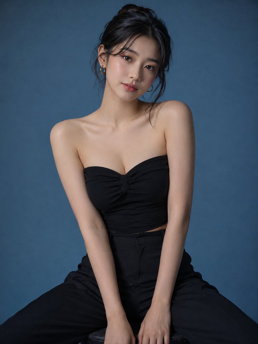 超写实工作室时尚肖像照,一位可爱优雅的年轻韩国女性,拥有无瑕白皙的肌肤、柔和的鹅蛋脸、明亮富有表现力的棕色双眸、自然红润的唇色、精致的鼻梁,以…, 图片 1