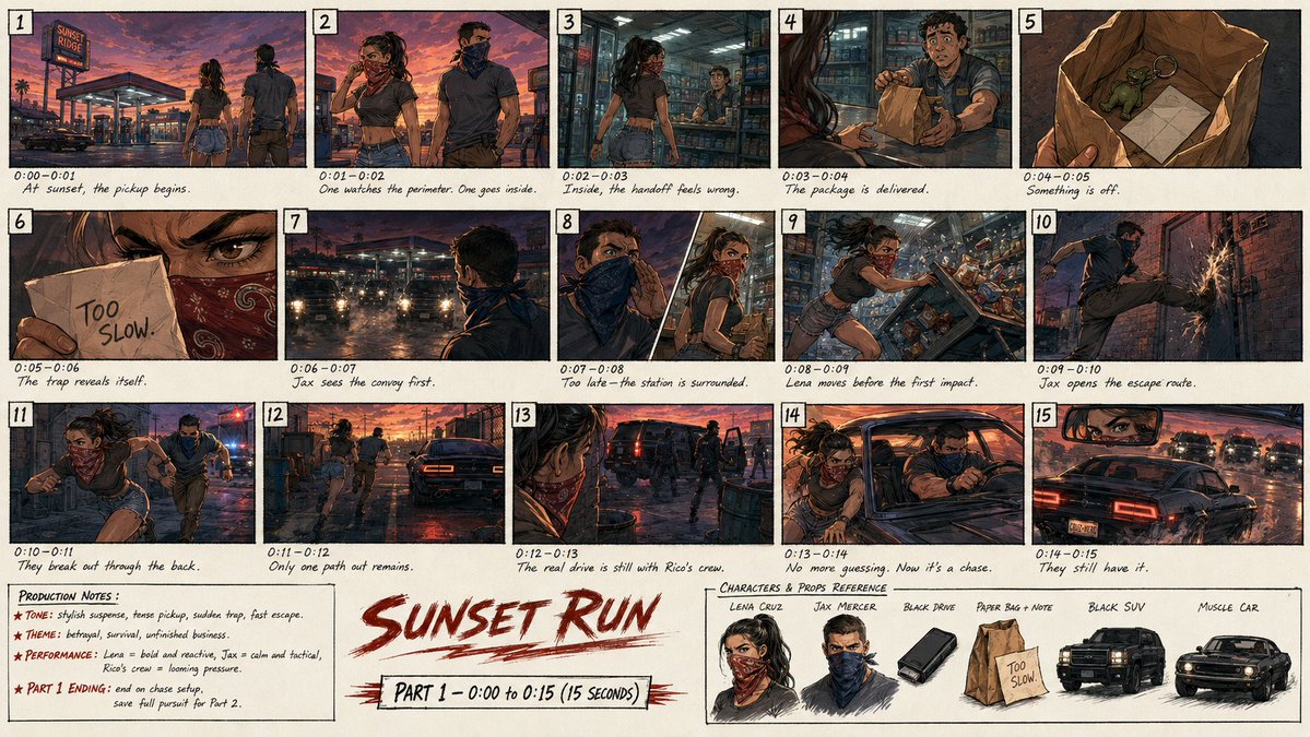 为一部名为《Sunset Run》(日落狂奔)的原创二维动作惊悚短片,仅就 PART 1,创作一张高细节的专业故事板(分镜)单页图像。页面应仅…, 图片 1