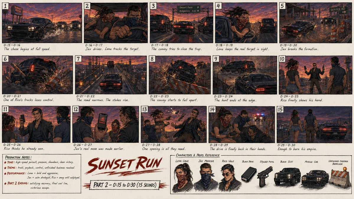 为一部名为《Sunset Run》的原创2D动作惊悚短片的下集(PART 2)制作一张高细节的专业故事板单页图像。该页面仅呈现下集完整的15秒…, 图片 1