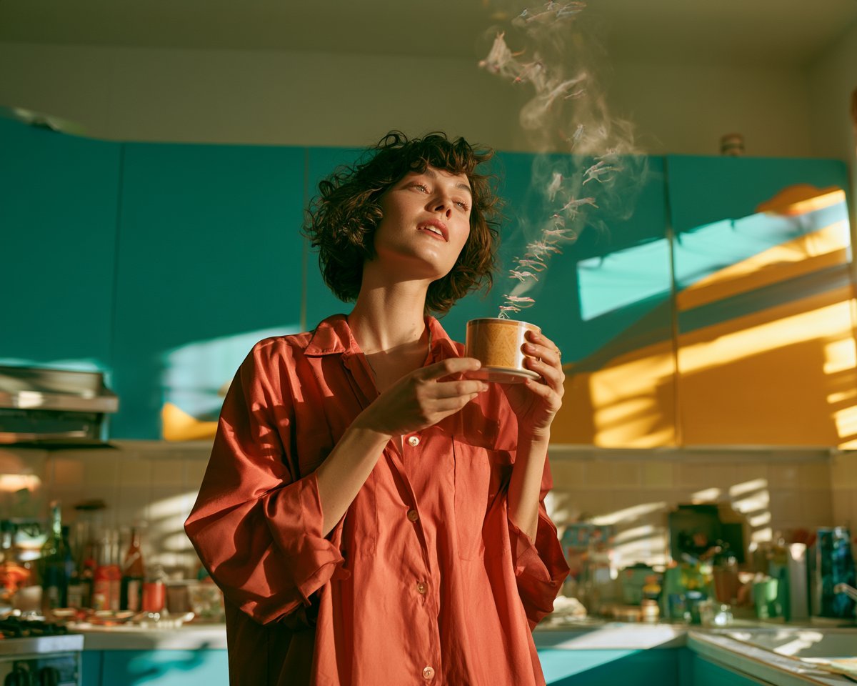 美丽的年轻成年女性刚刚醒来后站在一间明亮的复古厨房里,手捧一杯新鲜咖啡,咖啡升腾的蒸汽化身为一行嬉戏的半透明迷你生物,沿着空气向上攀爬直至天花…, 图片 1