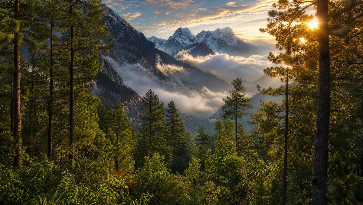 Different images of Misty Himalayan peaks at sunrise Created with OpenAI GPT Im…