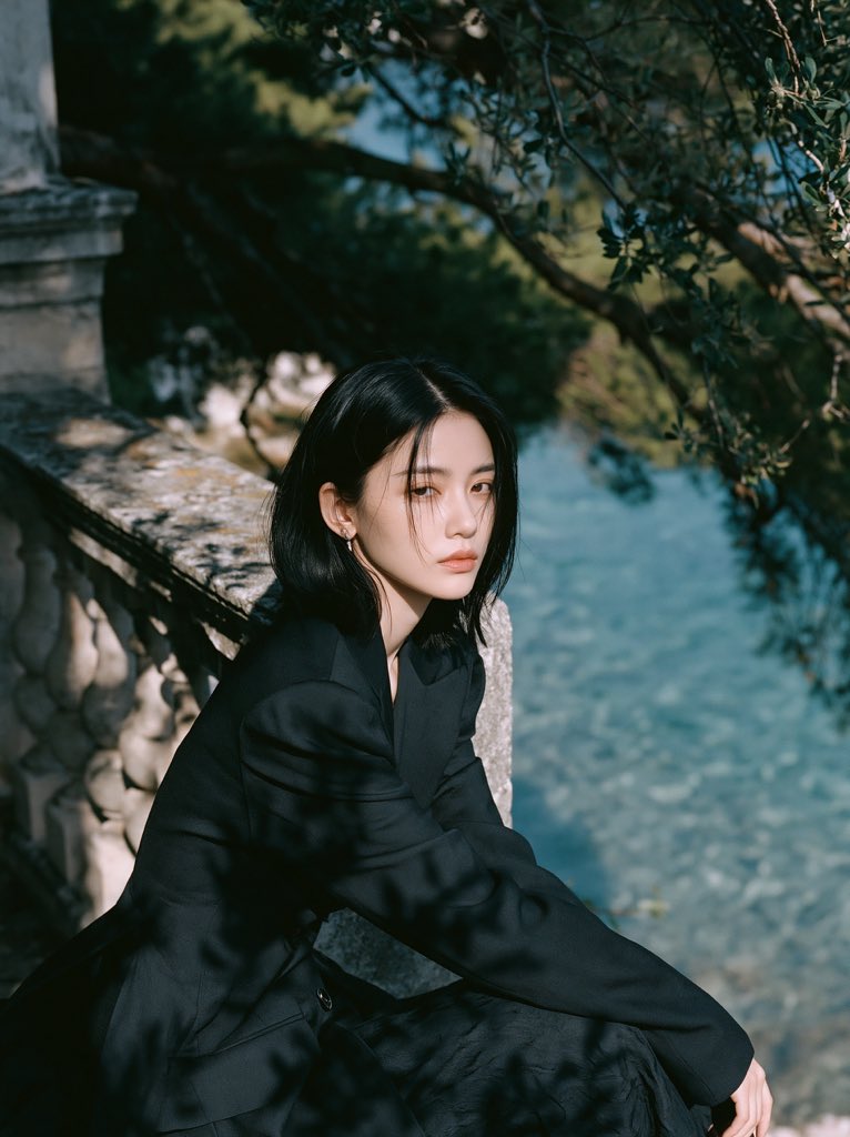 一位美丽的中国女性,留着黑色短发,独自坐在地中海别墅的露台旁,身着优雅的黑色定制西装外套,极简风格,神情安静而内敛,目光望向镜头之外。她坐在古…, 图片 1
